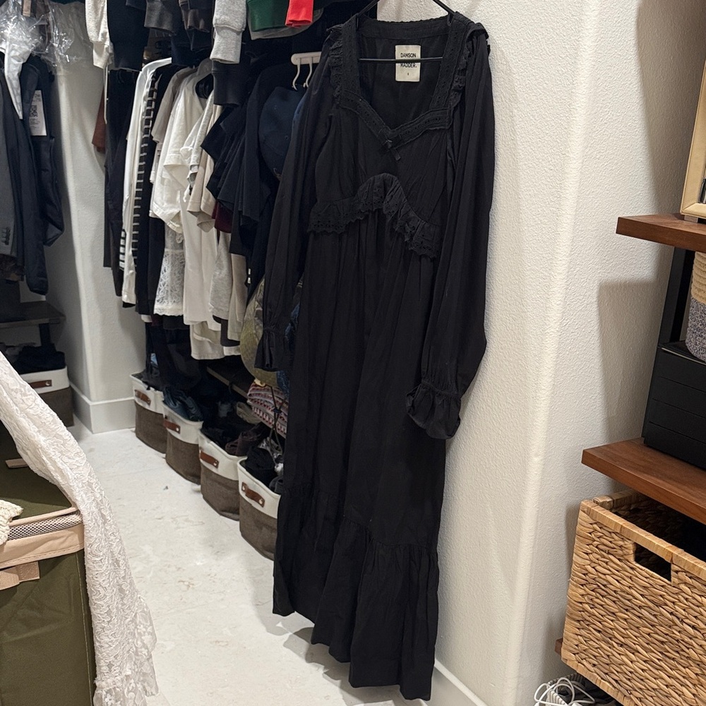 Damson Madder Black Long Sleeve Maxi Dress with Lace Trim